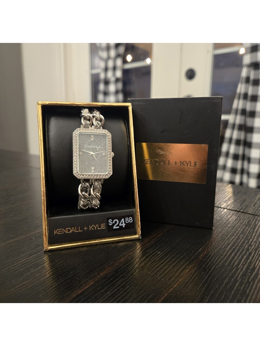 Kendall Kylie Silver Tone Rectangular Rhinestone Watch Womens Chain New In Box